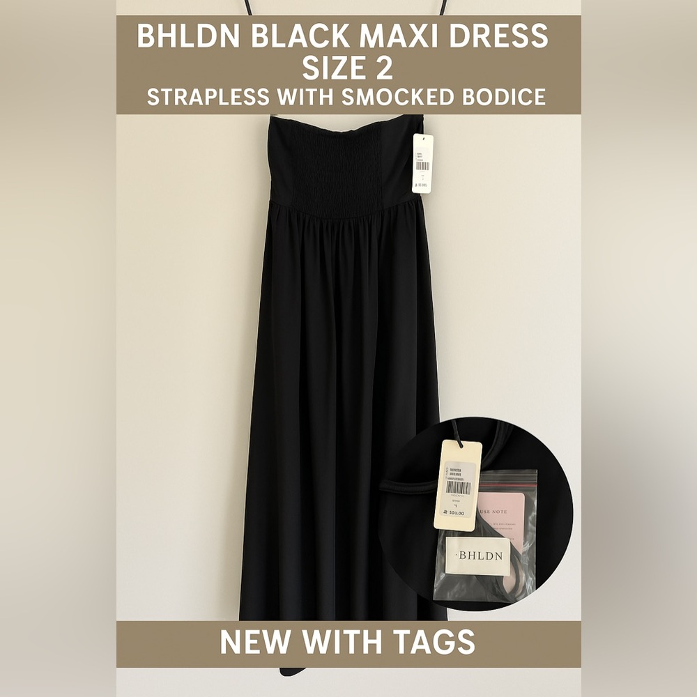 BHLDN by Anthropologie Black Maxi Dress Size 2 Strapless Smocked Bodice NWT